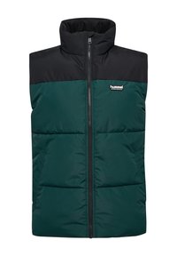 Chaleco acolchado verde y negro con un alto cuello, cierre de cremallera en la parte delantera y logo en el pecho; cuenta con un diseño de acolchado horizontal y bolsillos laterales.