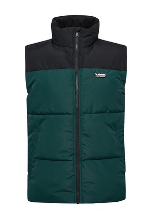 Gilet matelassé vert et noir avec un col montant, fermeture éclair sur le devant, et logo sur la poitrine ; présente un design matelassé horizontal et des poches latérales.