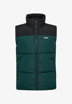 Groene en zwarte gewatteerde vest met een hoge kraag, ritssluiting aan de voorkant en logo op de borst; beschikt over een horizontaal gestikt ontwerp en zijzakken.