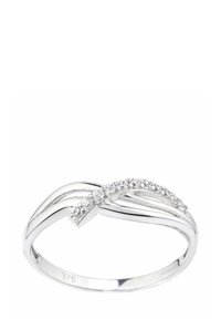 Sidabrinis žiedas su suktiniu dizainu, turintis juostelę ir mažus šviesius akmenukus, įterptus palei kreivę. Lygus paviršius su blizgia apdaila.