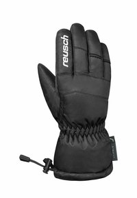 Schwarze isolierte Handschuhe mit einem strukturierten Stoff und elastischem Bündchen. Mit Kordelzugverschluss und "reusch"-Logo auf der Rückseite.