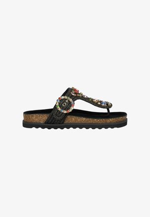 Black fabric thong sandals featuring jewel accents, cork footbed, and a textured black sole with a wavy design.