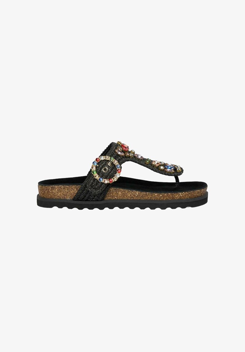 Black fabric thong sandals featuring jewel accents, cork footbed, and a textured black sole with a wavy design.