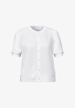 Witte korte mouwen cardigan met ronde hals, knopen aan de voorkant, licht opgeblazen schouders en geribde boorden en zoom.
