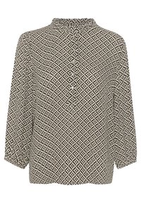 Bluse i sort og creme med mønster, der har en rynket halsudskæring, knaplukning og trekvartærmer med en løs pasform. Struktureret stof.