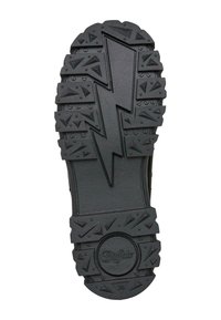 Zwarte rubberen schoenzool met een zigzagbliksempatroon, getextureerde driehoekige loopvlakken en het logo "Buffalo" nabij de hiel.