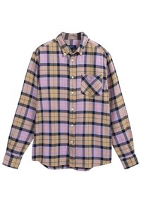 Koszula w kratę z długim rękawem w kolorach brązowym, lawendowym i czarnym. Posiada kołnierz zapinany na guziki, kieszeń z przodu oraz miękki, teksturowany materiał.