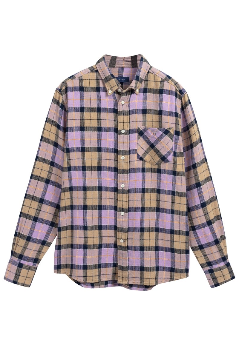 Koszula w kratę z długim rękawem w kolorach brązowym, lawendowym i czarnym. Posiada kołnierz zapinany na guziki, kieszeń z przodu oraz miękki, teksturowany materiał.