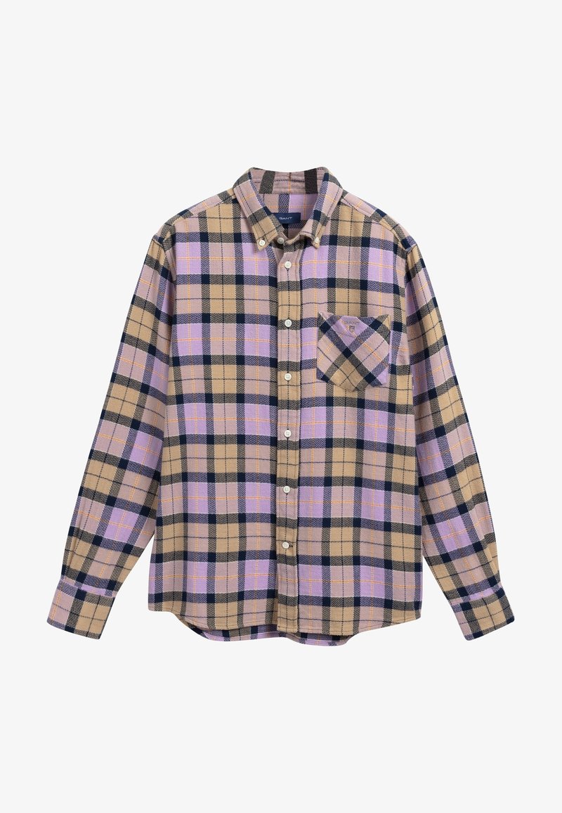 Koszula w kratę z długim rękawem w kolorach brązowym, lawendowym i czarnym. Posiada kołnierz zapinany na guziki, kieszeń z przodu oraz miękki, teksturowany materiał.
