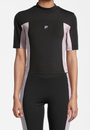 Černý a růžový krátký neopren s vysokým límcem. Na hrudi je logo F a přiléhavý design s kontrastními postranními panely.