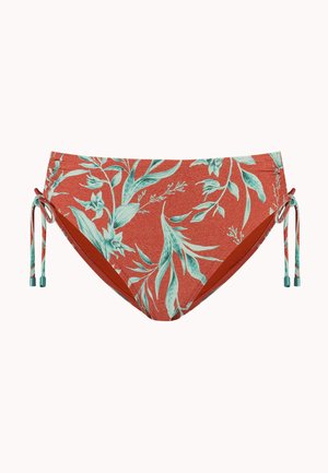 Roest-oranje bikinibroekje met turquoise bloemenprint en verstelbare zijstrikjes met turquoise metalen uiteinden, plat weergegeven op een witte achtergrond.