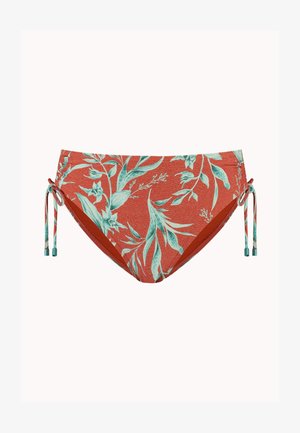 Roest-oranje bikinibroekje met turquoise bloemenprint en verstelbare zijstrikjes met turquoise metalen uiteinden, plat weergegeven op een witte achtergrond.