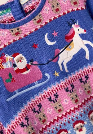 Knit sweater featuring a blue base, pink and white patterns, embroidered Santa in a sleigh, a unicorn, and reindeer motifs.