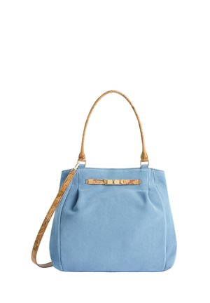 Borsa azzurro chiaro con forma strutturata, dotata di manici marrone chiaro con motivo e tracolla staccabile.