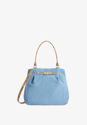 Borsa azzurro chiaro con forma strutturata, dotata di manici marrone chiaro con motivo e tracolla staccabile.
