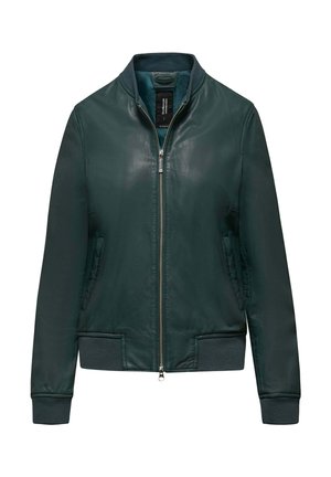 Ciemnozielona skórzana kurtka bomber z przednim zamkiem błyskawicznym, prążkowanym kołnierzem, mankietami i dołem oraz dwoma bocznymi kieszeniami.