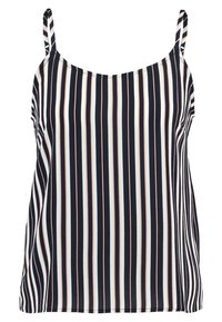 Camisole rayée présentant des rayures verticales bleu marine, blanches et rose pâle, fabriquée en tissu léger avec des bretelles fines réglables et une coupe ample.