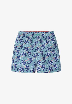 Kvetinové plavky v svetlomodrej farbe, s veľkými tmavomodrými kvetmi a oranžovými akcentmi. Elastický pás s tyrkysovou šnúrkou.