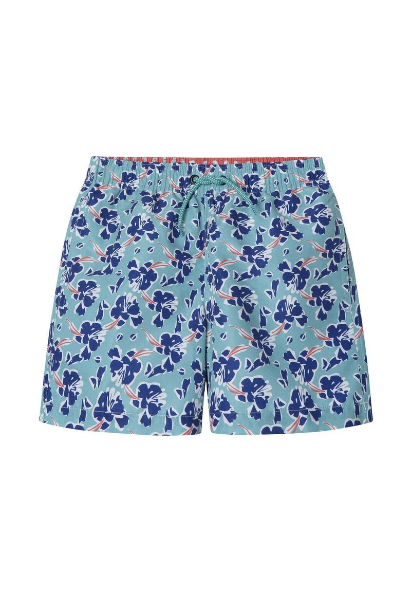 Costumi da bagno floreali in azzurro chiaro, con grandi fiori blu scuro e dettagli arancioni. Vita elastica con cordino turchese.