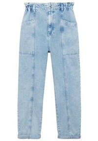 Jeans en denim bleu clair avec une taille haute élastique, deux poches avant, coupe droite et ourlets retroussés. Pas de déchirures ni de motifs visibles.