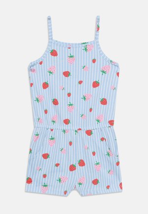 Hellblauer ärmelloser Overall mit weißen vertikalen Streifen und rotem sowie rosa Erdbeerdruck, ausgestattet mit einem elastischen Bund und Taschen.