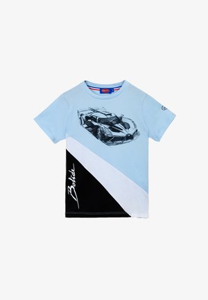 Light blue t-shirt with short sleeves. Features a black and white diagonal design and a car illustration on the front. Accented with "Bohidé" text.