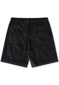 Schwarze Cordshorts mit zwei Gesäßtaschen, die dezente Stickerei auf der rechten Tasche und einen geraden Schnitt aufweisen.