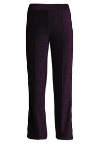 Lila, glittriga vida byxor med en mjuk textur, som har en slät framsida och inga synliga fickor. En subtil lyster ger djup.