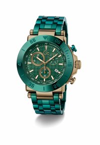 Green metal watch with a textured dial, chronograph features, gold accents, and a link bracelet design. Displays a tachymeter scale.