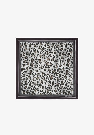 Foulard carré avec motif imprimé léopard noir et marron sur fond blanc, bordé de rayures noires et grises, logo dans un coin.
