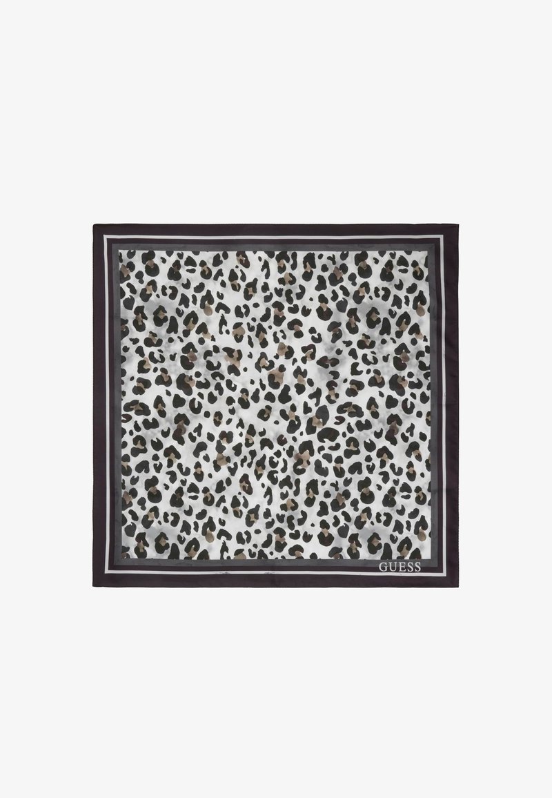 Foulard carré avec motif imprimé léopard noir et marron sur fond blanc, bordé de rayures noires et grises, logo dans un coin.