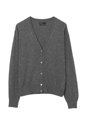 Cardigan grigio realizzato in tessuto morbido, con scollatura a V, maniche lunghe e sei bottoni sul davanti, rifinito con orlo a costine.
