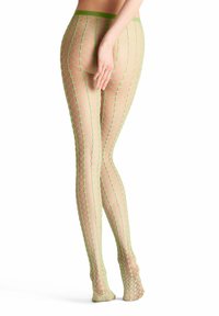 Transparente Netzstrumpfhosen in einem hellen Beige mit einem lebendigen grünen Rautenmuster, ausgestattet mit einem glatten Bund und nahtlosem Design.