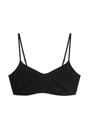 Črn bralet z tankimi naramnicami, gladko teksturo in preprostim dizajnom, ki vključuje nizek izrez ter brez obloge ali žice.