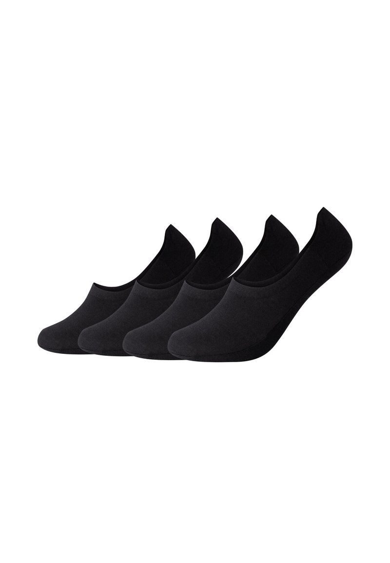 Schwarze Knöchelsocken im Viererpack. Hergestellt aus weichem Material mit nahtlosem Design und einer tiefen Form für unsichtbares Tragen. Glatte Textur.