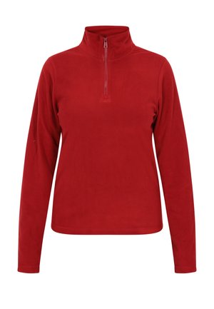 Rode fleece pullover met een halve rits kraag, lange mouwen en een gladde textuur. Heeft een relaxte pasvorm en geen zichtbare patronen of accenten.