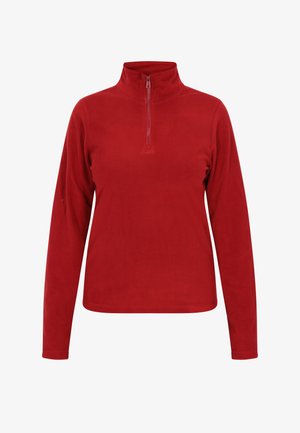 Piros fleece pulóver fél cipzárral, hosszú ujjal és sima textúrával. Laza illeszkedésű, látható minták vagy díszítések nélkül.
