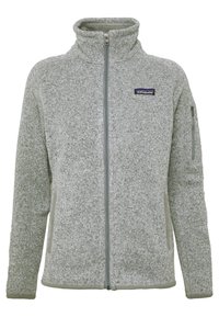Grijze fleecejas met rits en hoge kraag, lange mouwen, twee zijzakken, een klein ritssluitingzakje op de mouw, en het Patagonia-logo op de borst.