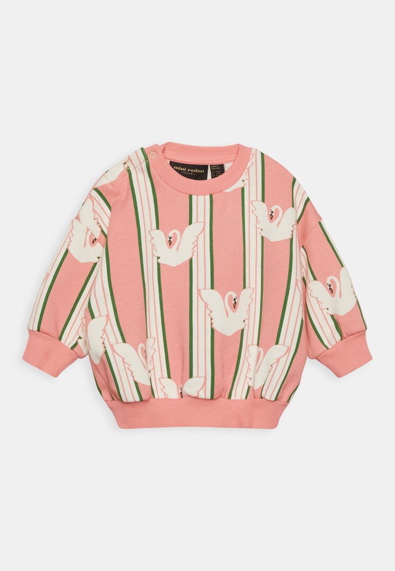 Sweatshirt rose avec motif de cygne blanc, rayures vertes et blanches, poignets côtelés et col rond. Comprend des boutons-pression sur les côtés pour un enfilage facile.