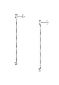 Pendientes de cadena de plata con un diseño de eslabones delicados, que cuentan con un pequeño acento en el extremo. Forma simple y alargada, con un acabado pulido.