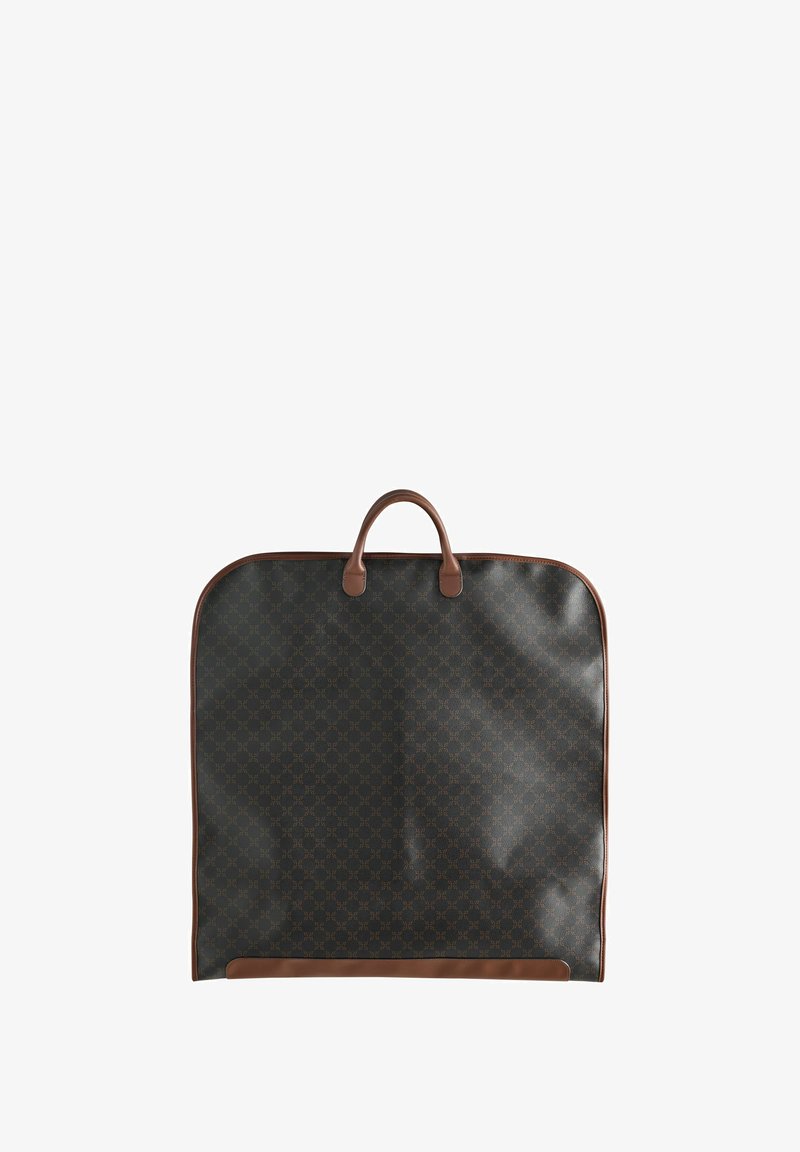 Geantă din țesătură neagră cu model, cu mânere și detalii din piele maro. Prezentând o parte superioară rotunjită și un design spațios pentru transportul obiectelor.