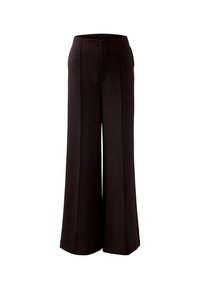 Schwarze weit geschnittene Hose aus glattem Stoff mit gerader Silhouette, ausgestattet mit einem dezenten Vorderfalten und einem verdeckten Reißverschluss.