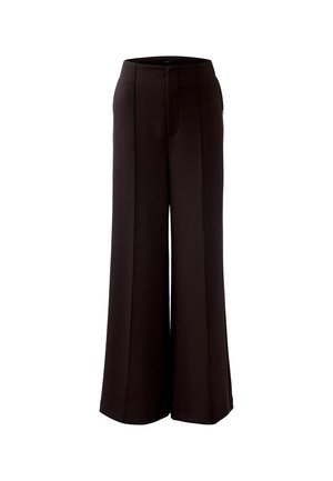 Schwarze weit geschnittene Hose aus glattem Stoff mit gerader Silhouette, ausgestattet mit einem dezenten Vorderfalten und einem verdeckten Reißverschluss.
