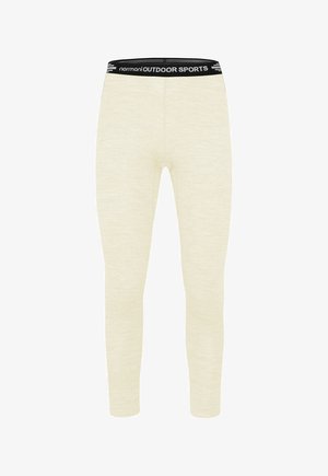 Cremefarbene, enganliegende Sportleggings mit schwarzem Bund, auf dem "normani OUTDOOR SPORTS" steht, vor weißem Hintergrund.