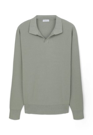 Green ribbed pullover with a collar and V neckline, featuring long sleeves and a fitted bottom hem. Soft texture and lightweight design.