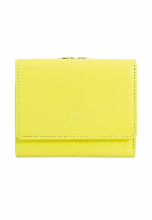 Portefeuille en cuir jaune avec fermeture à rabat et coutures visibles, embossé d'un petit logo centré à l'avant.