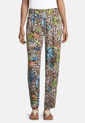 Pantaloni con stampa leopardata e motivo floreale nei colori blu, verde e arancio. Tessuto leggero, vestibilità ampia e vita elasticizzata.