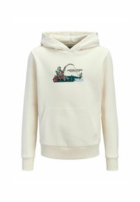 Hoodie crème avec une poche kangourou, des poignets côtelés et un cordon de serrage. Présente un design brodé d'un squelette en train de pêcher.