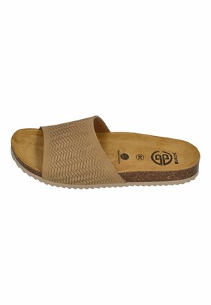 Brown slide sandal with textured wide strap, cushioned footbed, and non-slip sole, size 38, brand Busch visible on footbed.