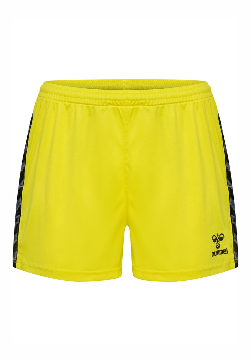 Gelbe Sportshorts mit einem schwarzen Logo und seitlichen Akzenten im karierten Muster. Hergestellt aus leichtem, atmungsaktivem Material.
